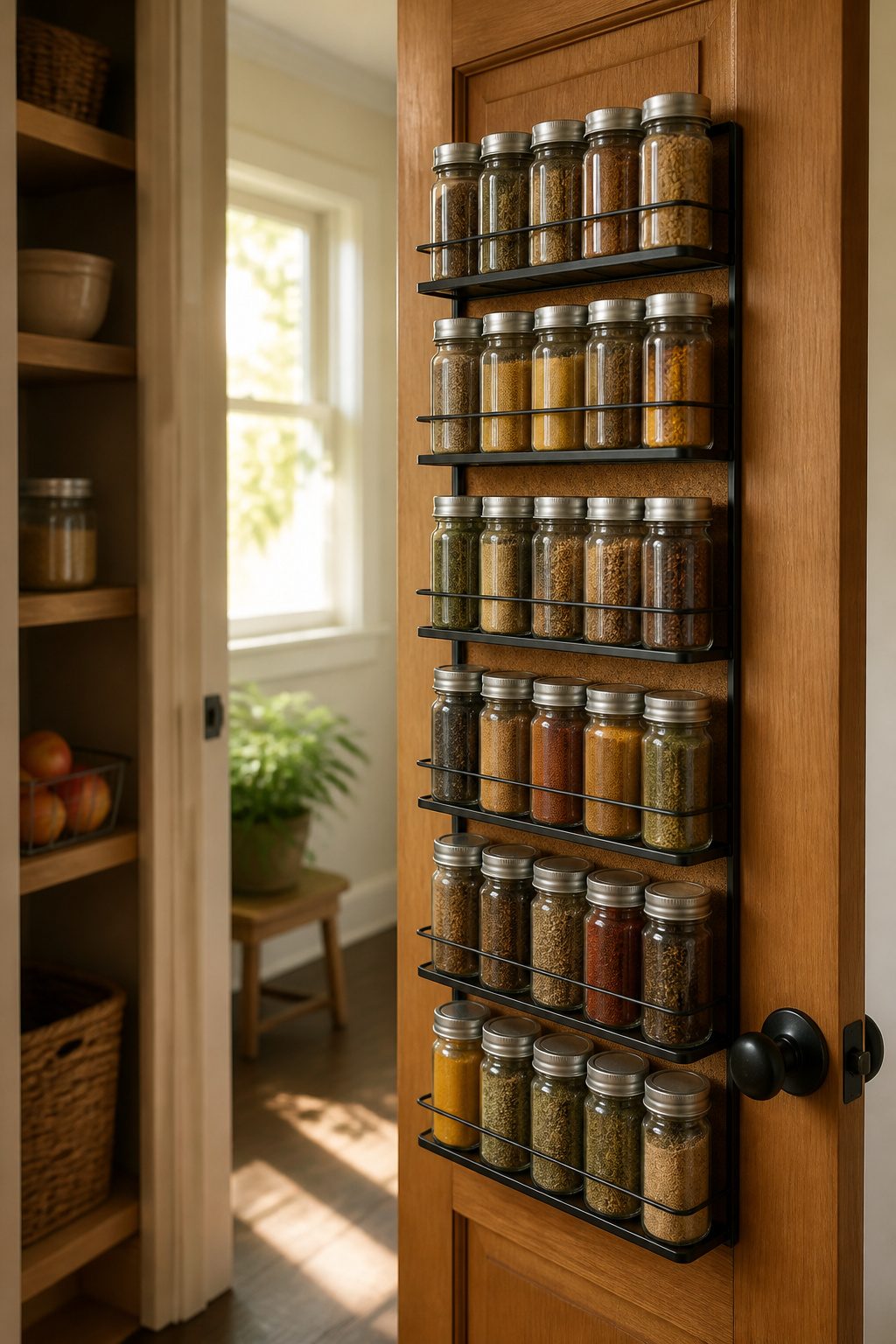 Magnetic spice rack with glass jars on a wooden pantry door.